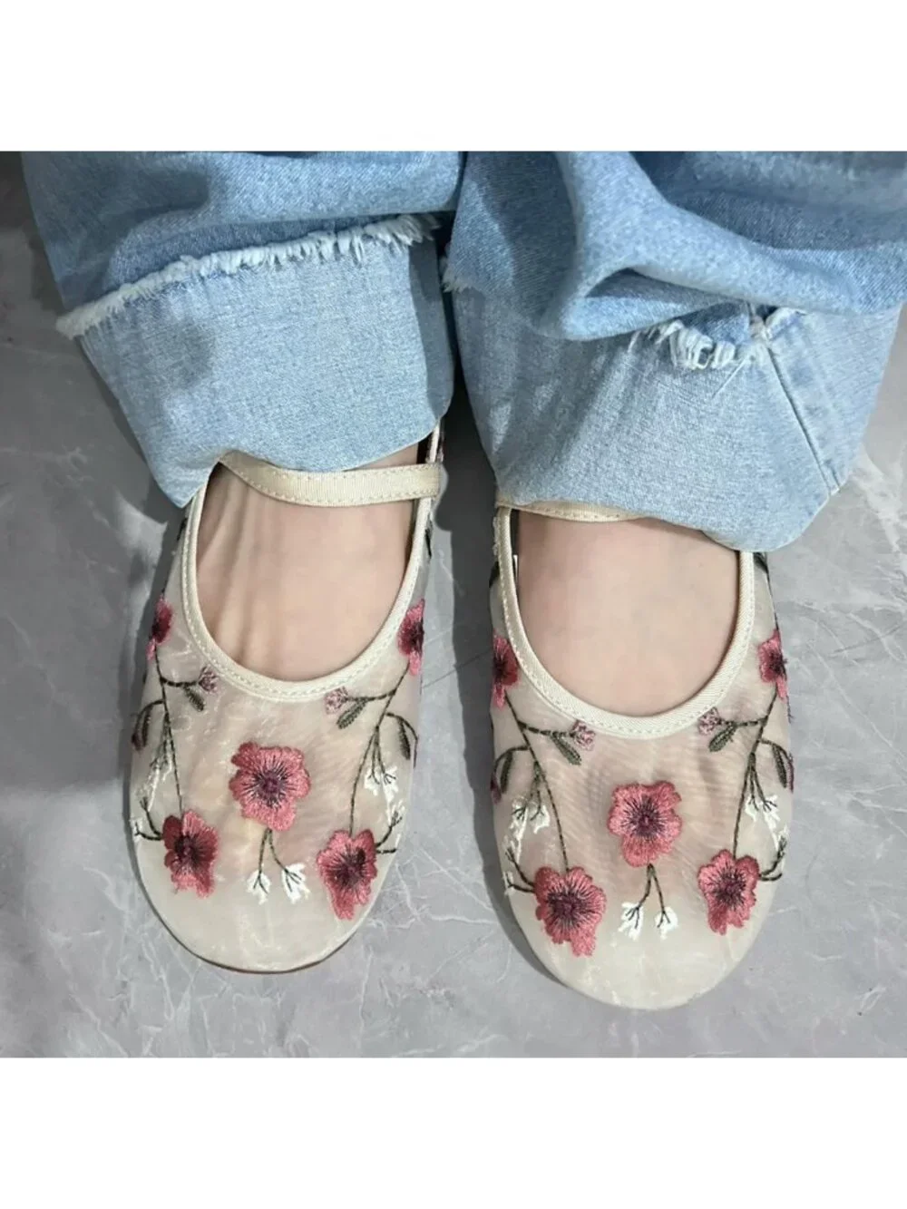Floral Embroidered Mesh Ballet Flats for Women - Round Toe Mary Jane Style